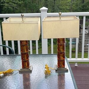 VINTAGE AMBER GLASS BLOCK LAMP W/SQUARE SHADE